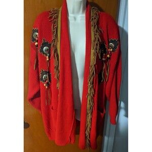 Vintage Aztec Long Red Sweater Cardigan Southwest Fringes Women's OSFA